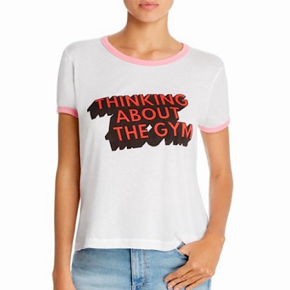 WILD FOX Pink Contrast Trim Thinking About Going To The Gym Slogan Tee Sz MD NWT - Picture 13 of 13